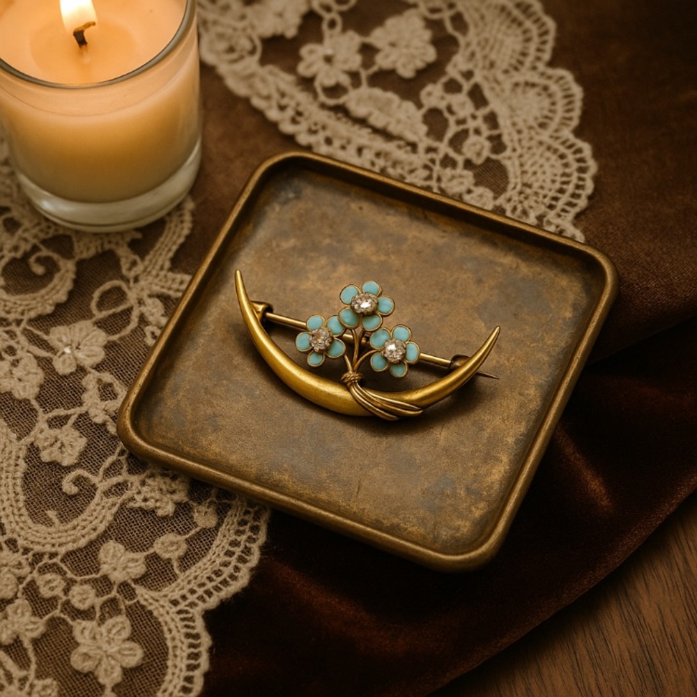 Antique Edwardian Krementz 14K Gold Diamond & Enamel Crescent Forget-Me-Not Pin